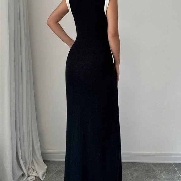 Black Casual Women's Color Block Button Front Sleeveless Dress - Picture 2 of 6